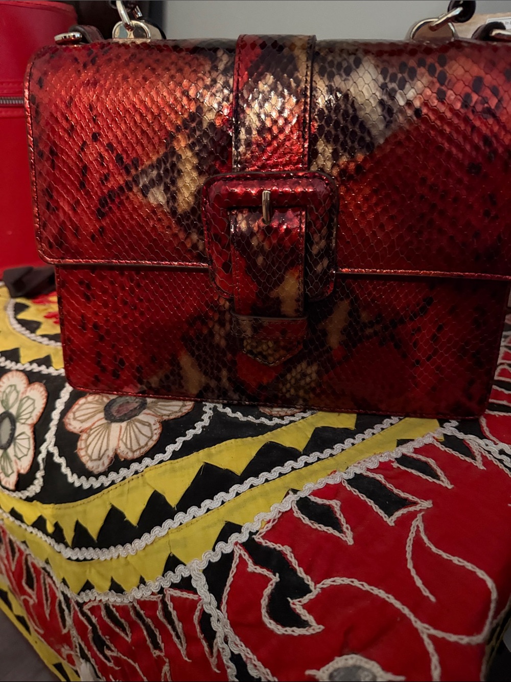 Brahmin Red Snake-Print Buckle Crossbody Bag